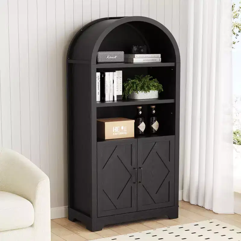 Dyonery 71 High Arched Bookcase with Doors, 5-Shelf Mid-Century Modern Black Arched Cabinet with Storage and Open Adjustable ShelvesGray