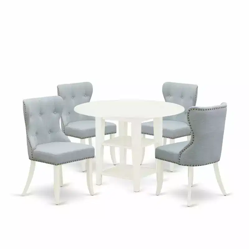 5-Piece Linen White Finish Solid Wood Top - Dining Room Set - Seats 4