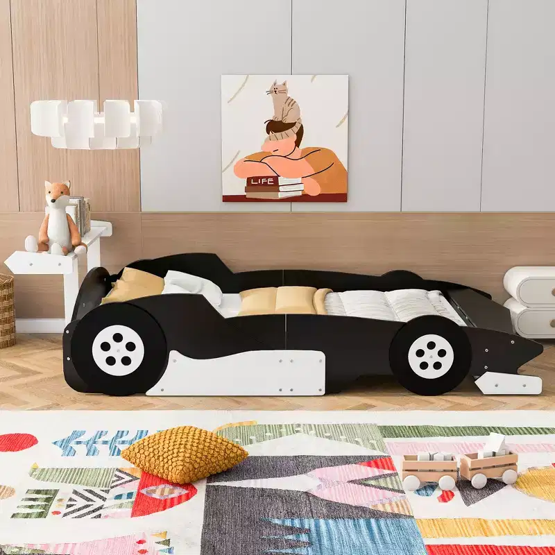 Whisen Unique Design Twin Size Race Car-Shaped Platform Bed with Wheels