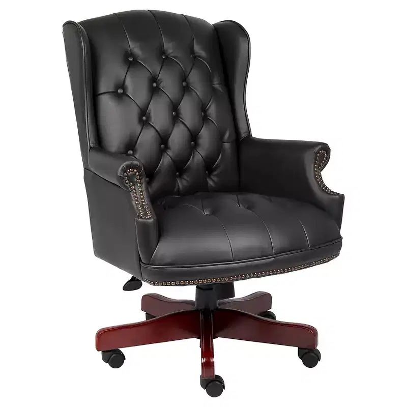 Wingback Traditional Chair Black: Elegant Mahogany, Tufted, Pneumatic Lift