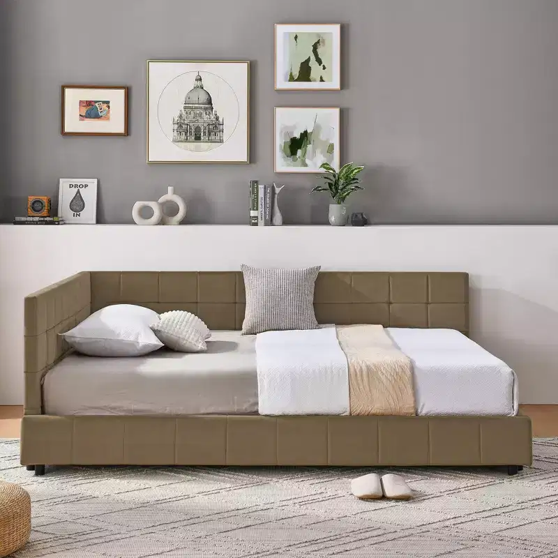 Full Size Upholstered Tufted Bed Frame, Sofa Bed Frame with Comfortable Backrest and Armrests, Full Size Bed for Bedroom, Living RoomBrown