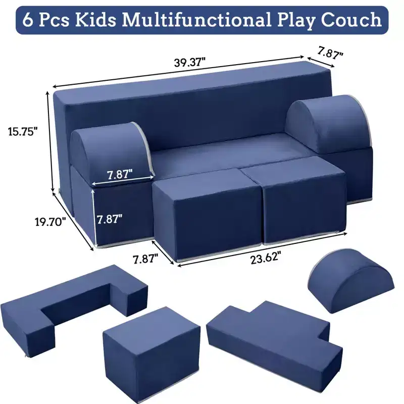 Kids Couch, Modular Foam Play Sofa Set with Detachable Cushions - Convertible for Bedroom Playroom