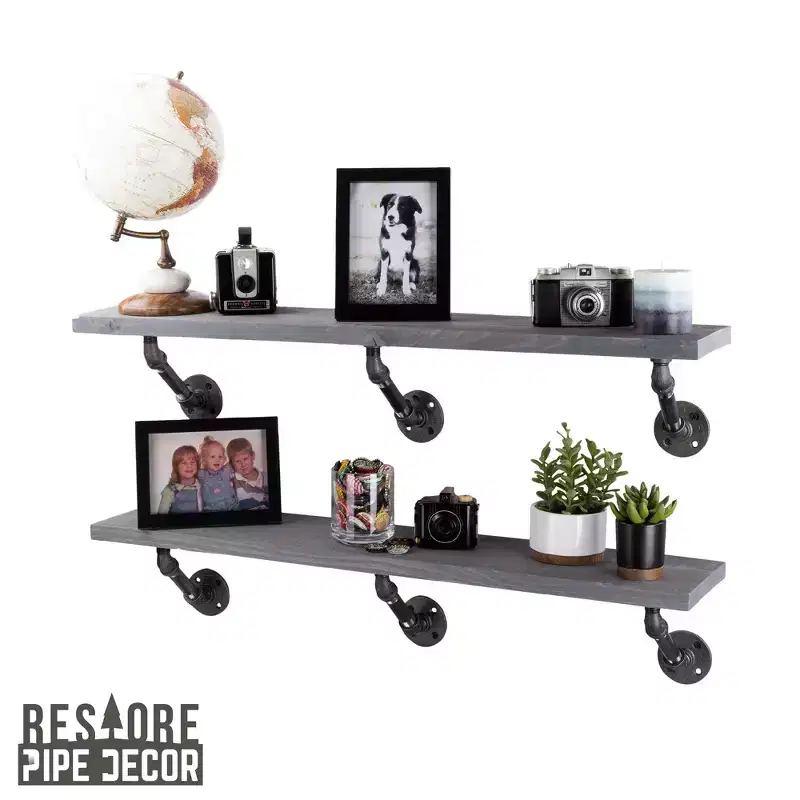 RESTORE Riverstone Grey 36 in. Shelves with Angled Brackets by Pipe Decor