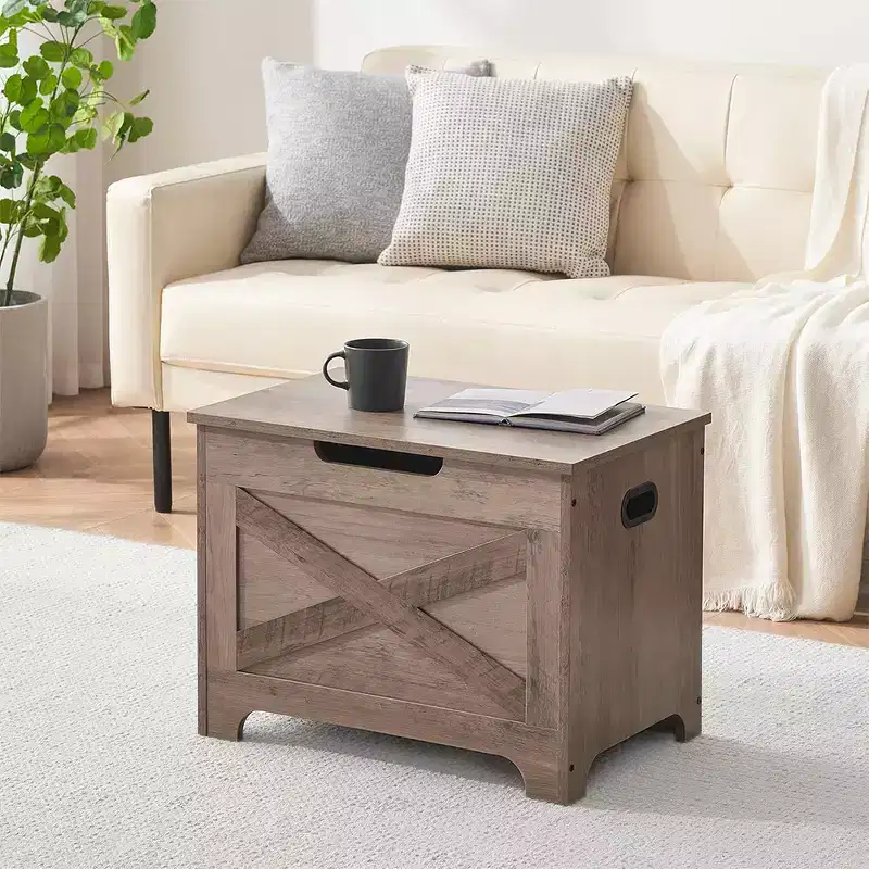 Storage Bench, Retro Wooden Storage Chest with 2 Safety Hinges, Loads 300 lb, Storage Ottoman Bench for Bedroom Living Room, Grey
