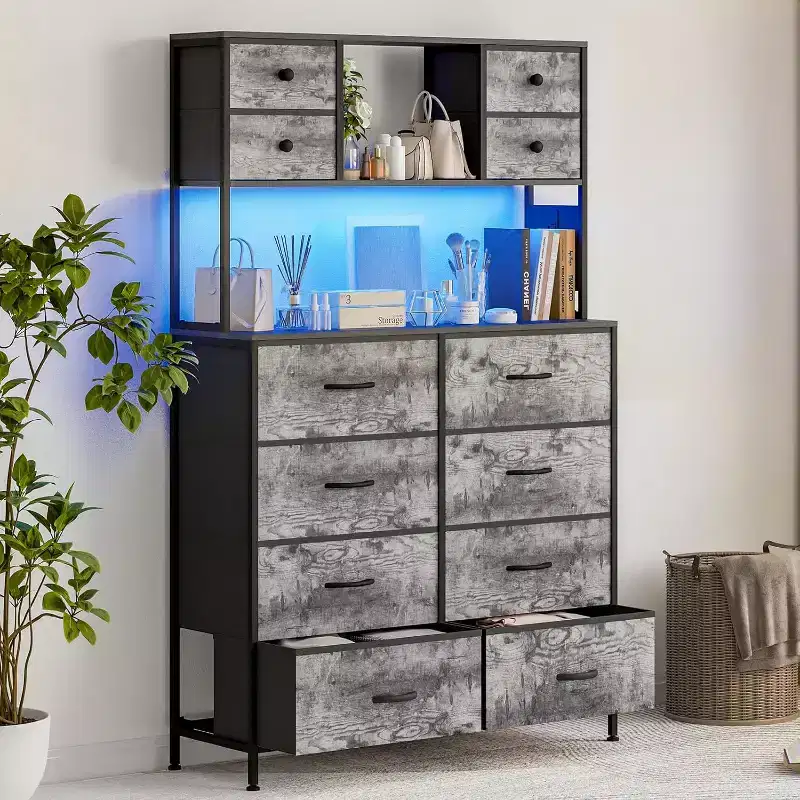 12 Drawer Fabric Dresser, Open Shelves, Metal Frame, for Bedroom, Hallway