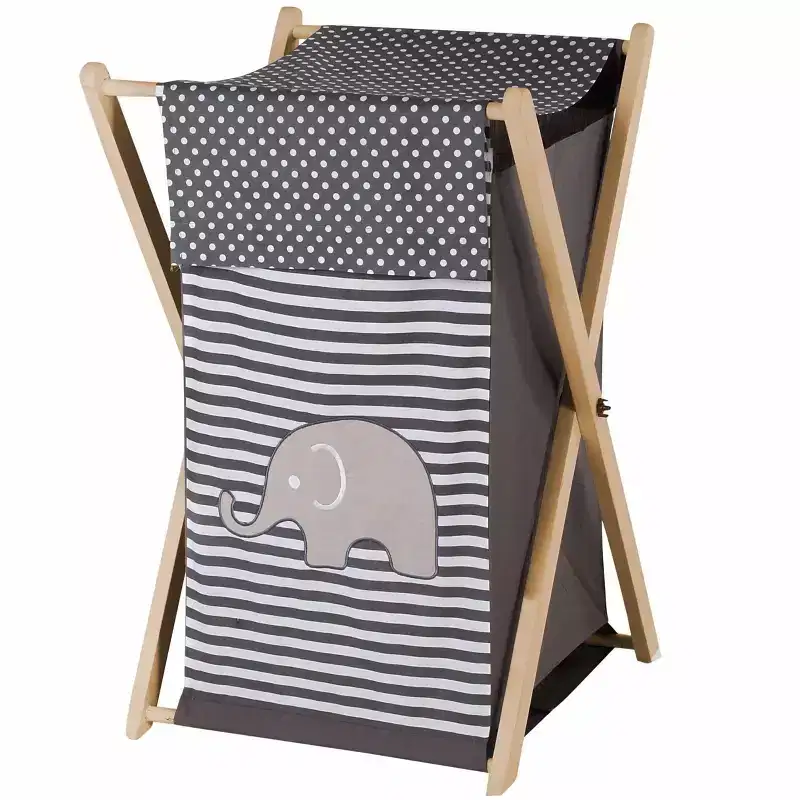 Elephants White/Gray Kids Laundry Hamper with Wooden Frame, Collapsible Cotton