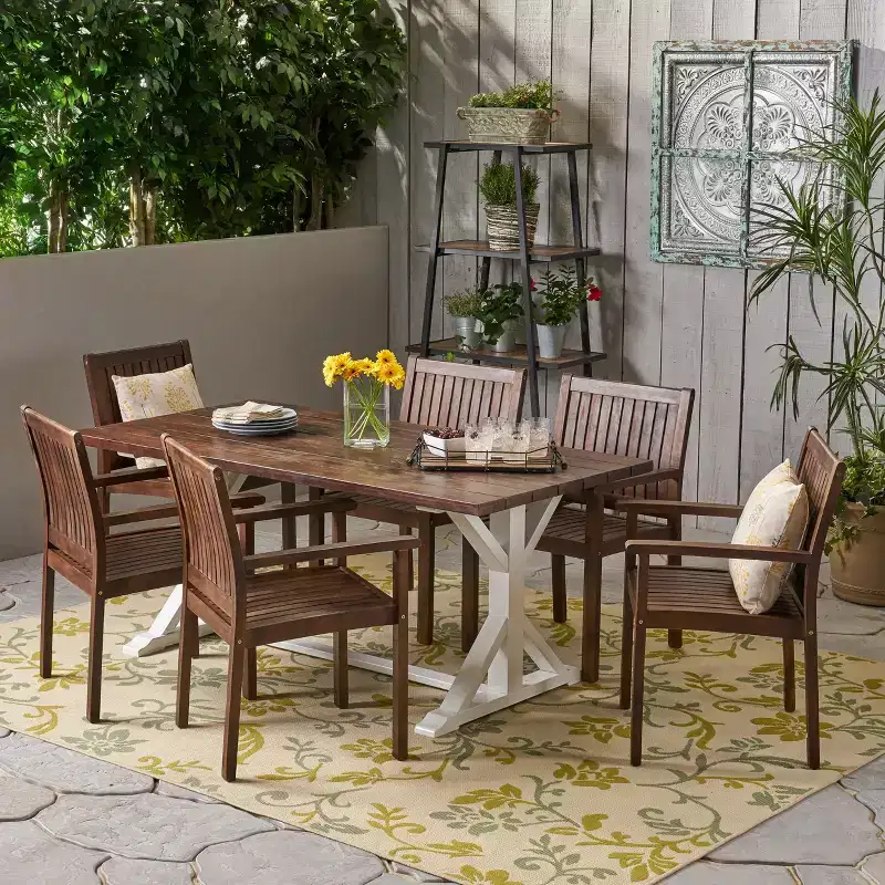 Christopher Knight Home Cassia Outdoor Acacia Wood 7 Piece Dining Set with 69 Dining Table, Dark Brown and White