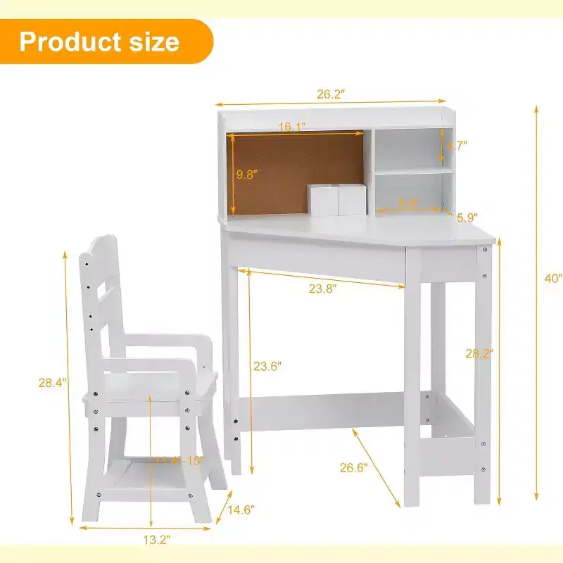 Kids Desk and Chair Set, Wooden Corner Study Table with Bookshelf, Bulletin Board, and Pen Holder, Writing Table for Boys and Girls