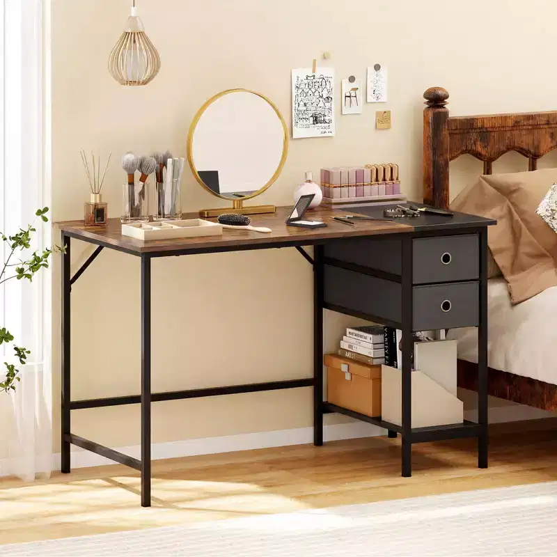 Costway 48 Computer Desk Industrial Home Office Desk with Open Storage Shelf & 2 Fabric Drawers