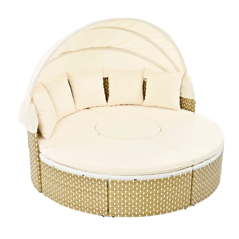 Patio Furniture, Round Outdoor Sectional Sofa Set, Rattan Daybed with Retractable Canopy, Removable Cushion
