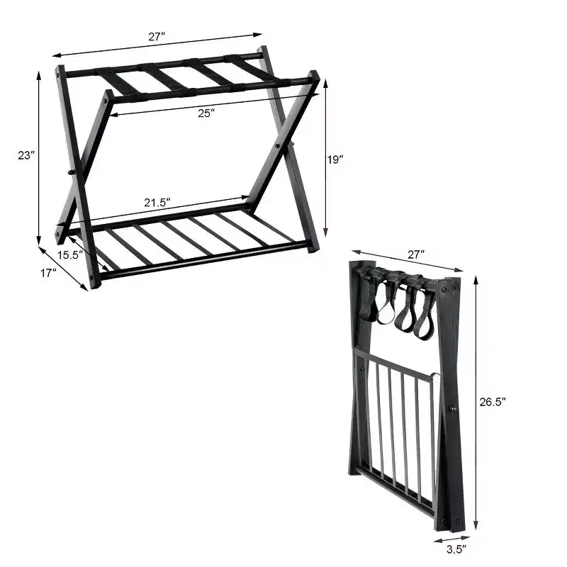 Folding Luggage Rack with Shelf Travel Suitcase Shoe Storage Holder Wood Stand