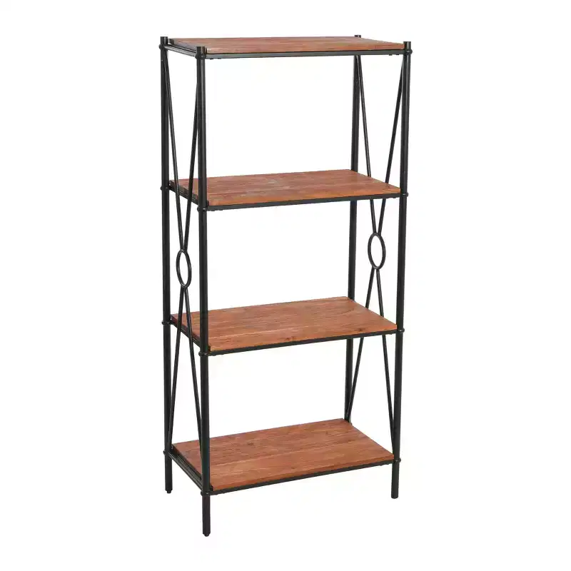 Storied Home Saratoga Rustic Solid Wood and Metal 4 Shelf Open Storage Bookshelf, Warm Walnut Finish