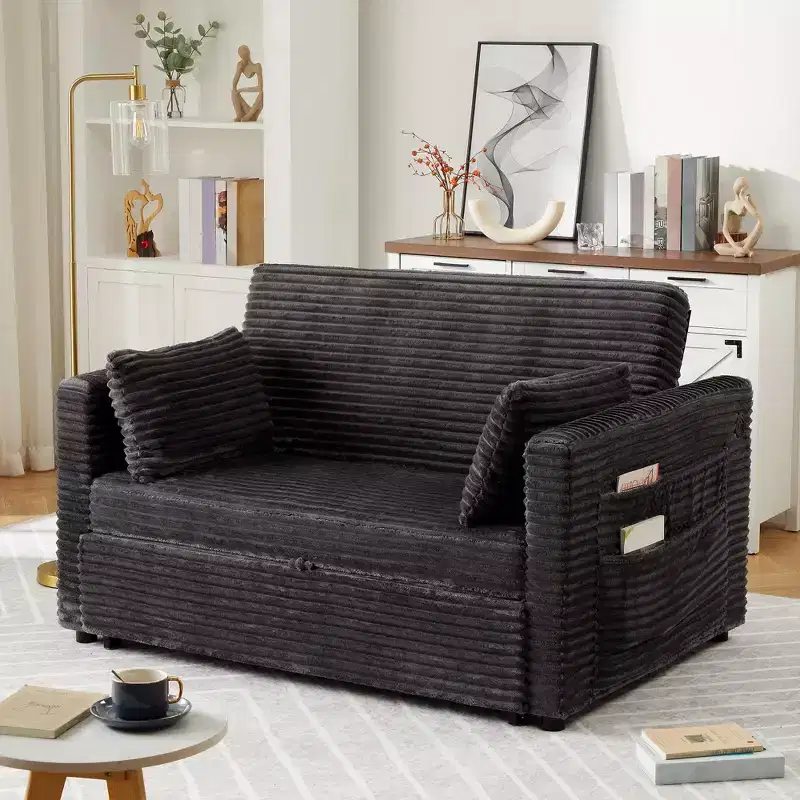 55 Pull-Out Sofa Bed, Upholstered Reversible Sleeper Sofa Bed, Deep Seat Corduroy Loveseat Sofa with Side Pockets for Living Room Apartment