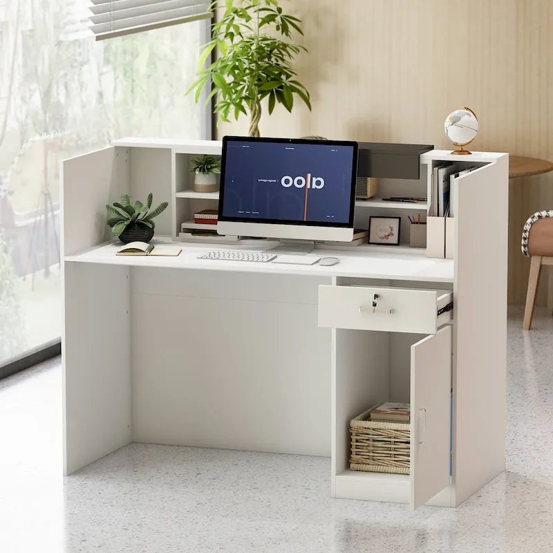 Modern Rectangular Wood Reception Desk with Drawer & Storage Compartments
