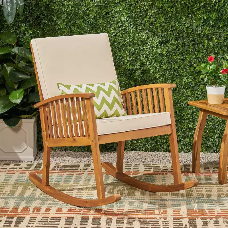 Patio Wooden Rocking Chair, Outdoor Accent Seat, Acacia Wood Rockers, Garden Porch Chairs with Cushion for Balcony -ModernLuxe