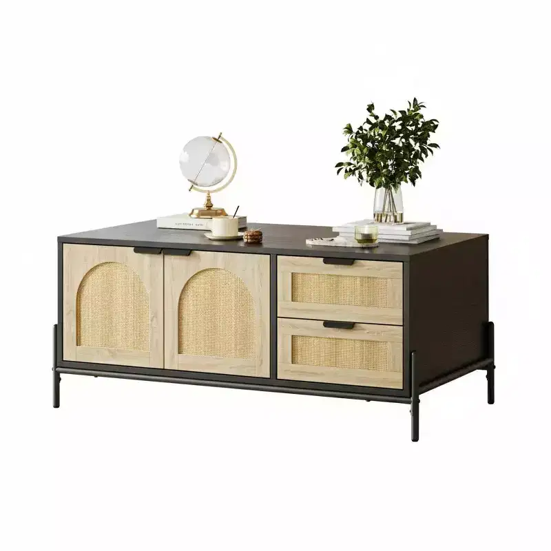 Rattan Coffee Table with LED Lights, Rectangle Living Room Center Table with Drawers and Arched Door, Tea Table for Apartment