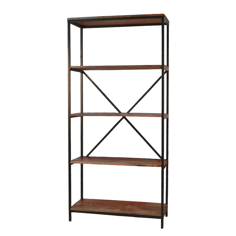 Tall Industrial 5-Shelf Bookcase – Mango Wood & Metal Frame