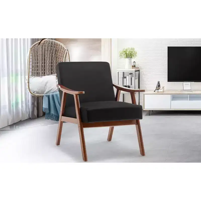 Mid Century Wingback Accent Chair Solid Wood Frame Thick Backrest Lounge Chair for Living Room