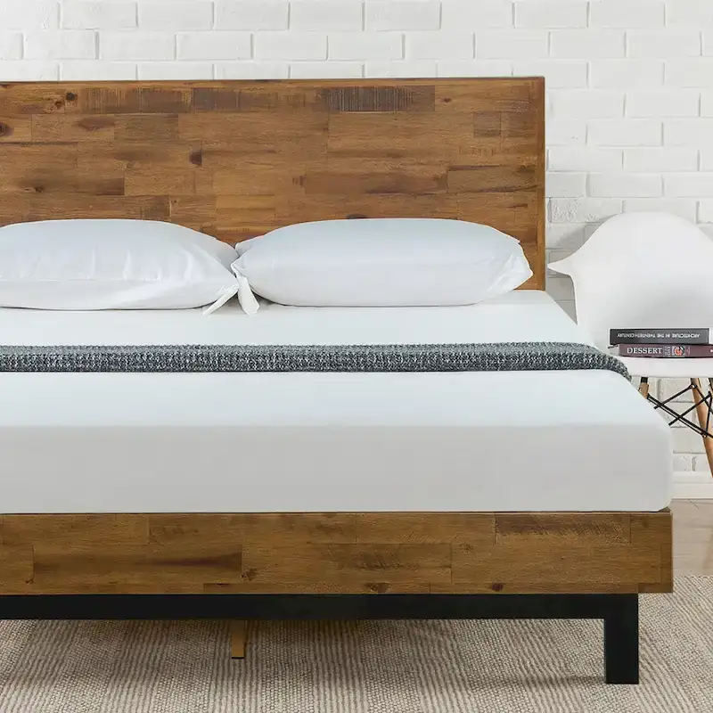 Brown Wood Platform Bed Frame with Adjustable Headboard