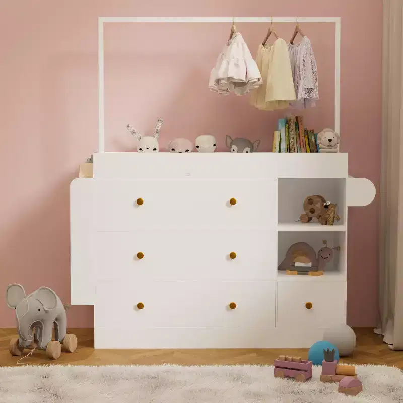 Modern Table Dresser,Baby Dressing Table with 3 extra deep Drawers and Storage Shelves and Hangers
