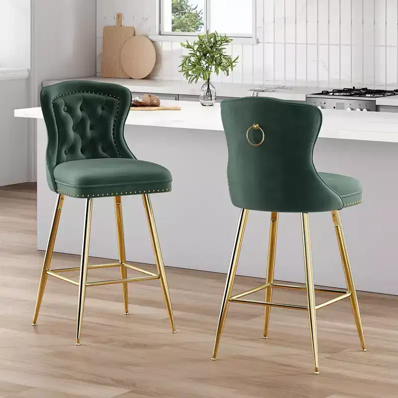 PexFix 2Pcs Bar Stools Velvet Counter Height Bar Stools with Metal Legs Button Tufted and Nailheads Trim Wing-Back Bar Chairs Green