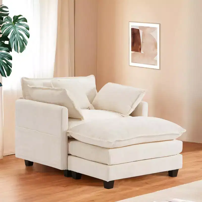 Furniliving Modern Corduroy Couch, 40 Inch Sleeper Sofa with 3 Accent Pillows, Single Seat with Ottoman