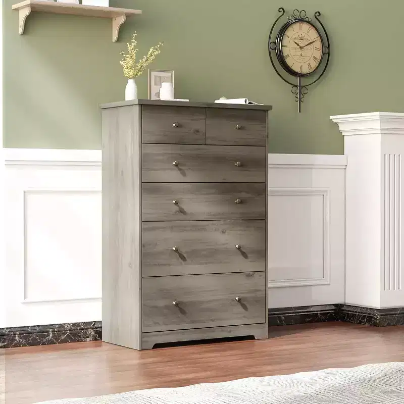 VINGLI Tall Dresser Chest of Drawers, Grey Dresser 6 Drawer Chest, Wood Gray Dressers for Bedroom