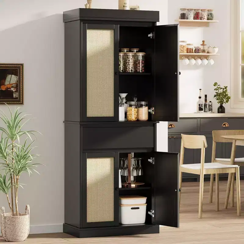 Tall Black Rattan Storage Cabinet with Drawer & Adjustable Shelves, 1-Person Assembly, Freestanding
