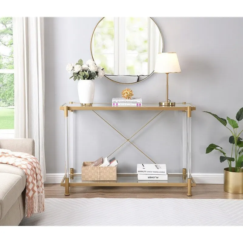 2-Tier Tempered Glass Console Table – Gold / Chrome, Steel & Acrylic Frame, Modern Style, Single