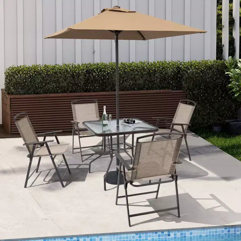Crestlive Products 6 PCS Patio Dinning Set 4 Folding Chairs Square Tempered Glass Table and Umbrella Set
