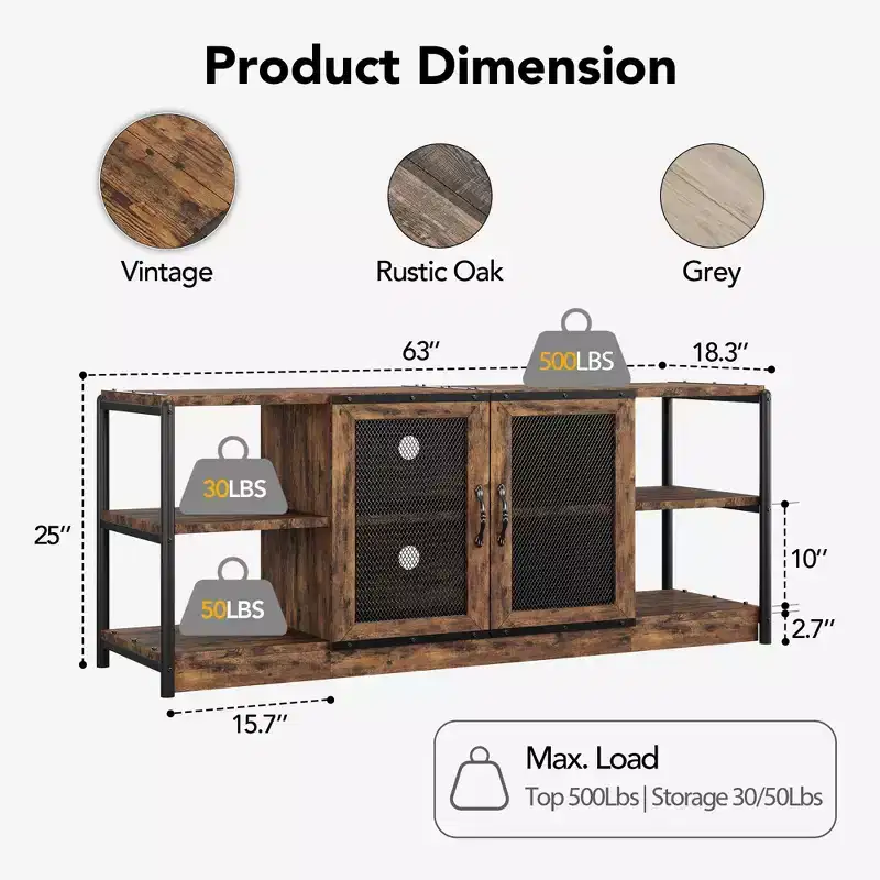 Farmhouse TV Stand for 65/75 inches TVs, Entertainment Center with Storage Cabinet and Mesh Doors, Industrial TV Media Console Cabinet Table