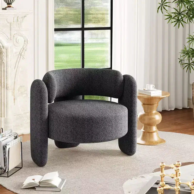 Modern Chenille Accent Chair - Mid-Century Upholstered, Cozy Round Armrest, Open Back, Round Corner Side Sitting Lounge, for Bedroom Office Cafe