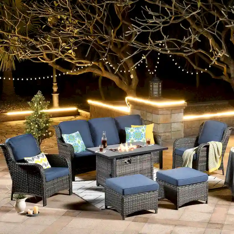 OVIOS Grey Wicker 6-piece Patio Furniture Set With Rectangular Fire Pit