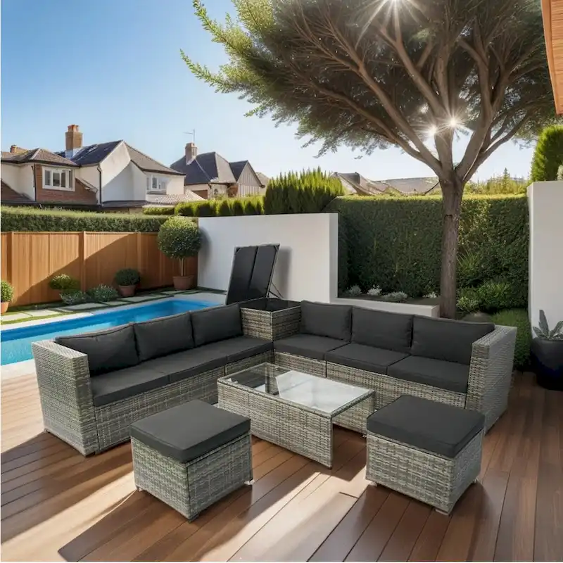 8 Piece Patio Sectional Wicker Rattan Outdoor Furniture Sofa Set with One Storage Box Under Seat
