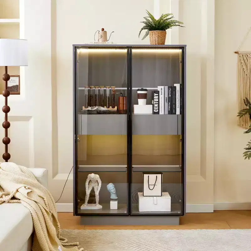 60.6 Tall Display Cabinet with Drawers and Glass Shelves, Modern Storage Unit with LED Lights For Living Room - Panipeachy