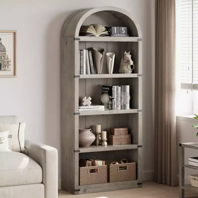 GustoWave 71.65in Tall BookcaseArched Bookshelf Farmhouse Display Storage RackWooden Bookshelves,White/Gray