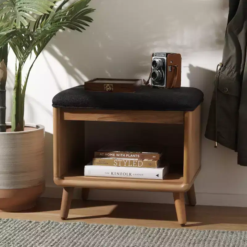 Open Shelf Accent Bench with Cushion High-Gloss Wood 275 lbs Entryway Storage Stool