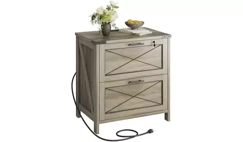 DEXYLLO Lateral File Cabinet with Lock, 2 Drawers & Charging Station, Farmhouse Wood Printer Stand with Large Storage
