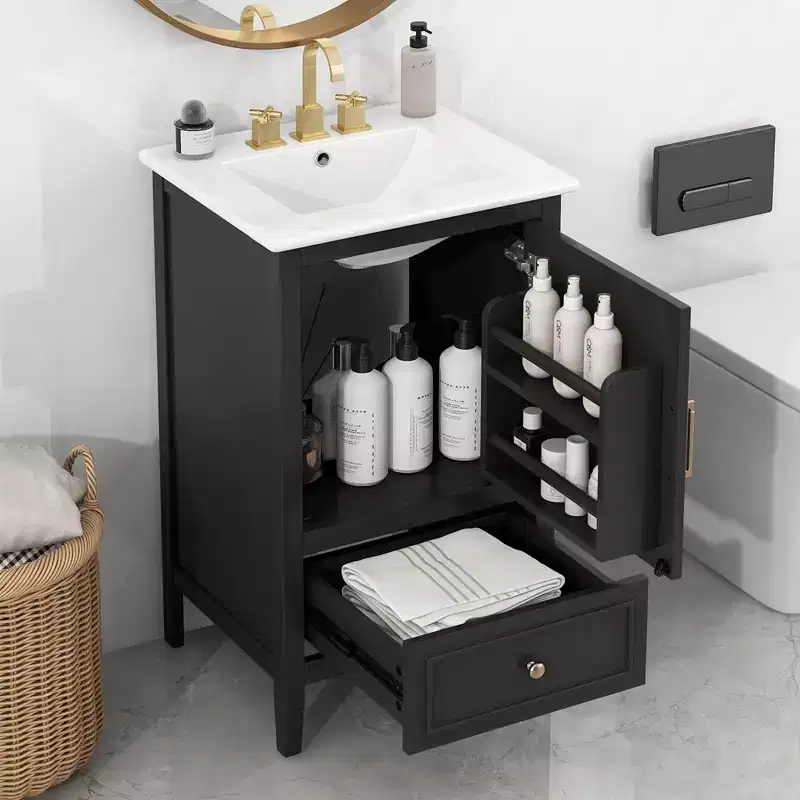 30 Small Bathroom Vanity Sink Combo with Storage , Wood Bathroom Floor Cabinet with Drawers and Door, Black
