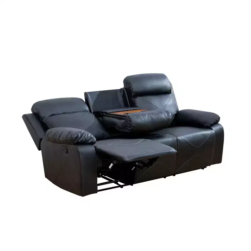 MAYEERTY Reclining Sofa, 3-Seat Breathable Leather Recliner with Reversible Coffee Table for Living Room, Black