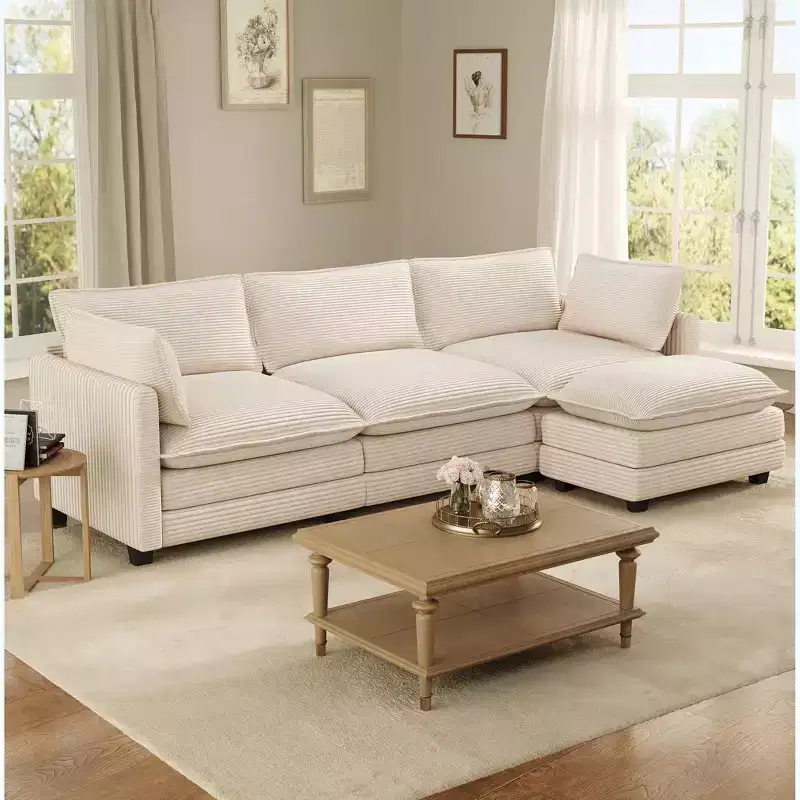 Hyleory Cozy Corduroy L-Shaped Sectional Sofa with Movable Ottoman - Soft Touch, Space-Saving Design