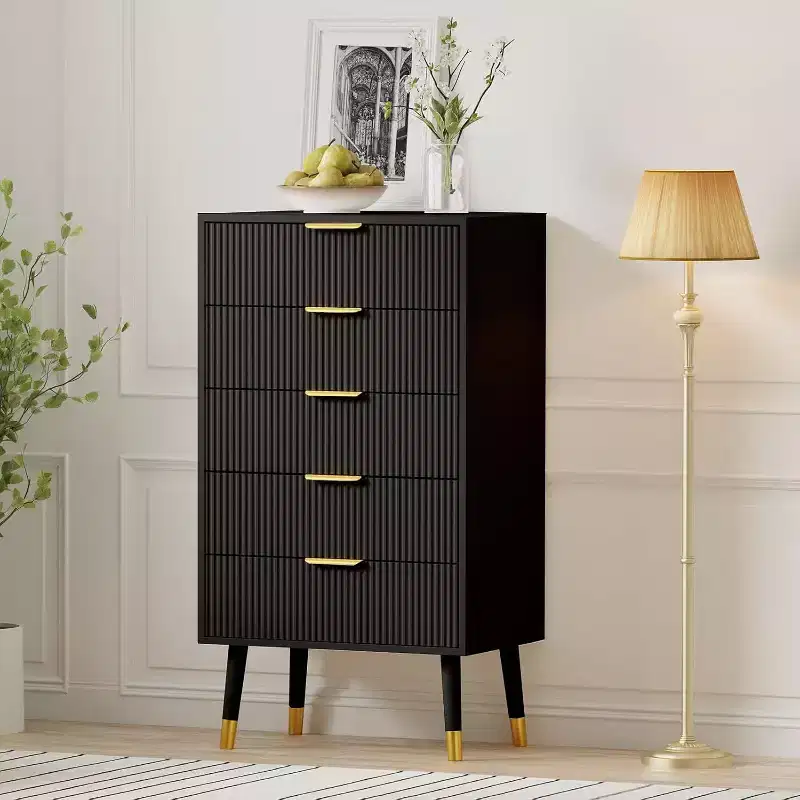 Acekool 5 Drawer Dresser for Bedroom, Modern Chest of Drawers, Wood Storage Cabinet Organizer Nightstand for Closet Living Room, Black