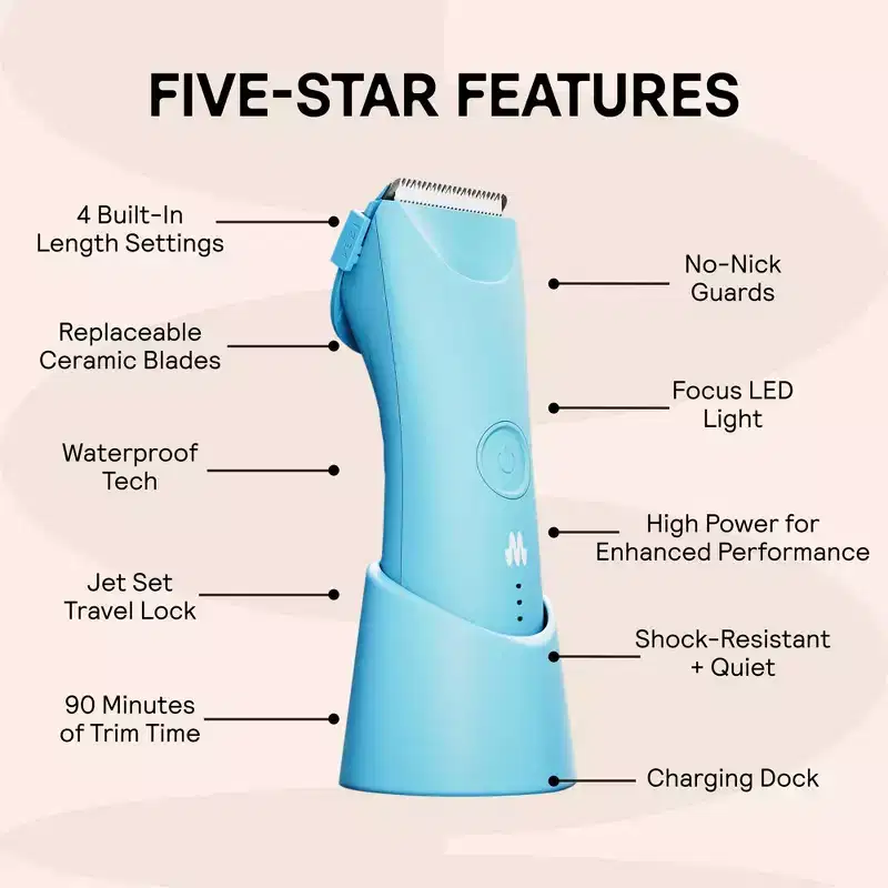 Meridian Trimmer Plus with Charging Dock, Pubic & Body Hair Trimmer Men Women,Below-the-Belt Groomer,Ball Trimmer,Bikini Trimmer,BonusPouch - Sky