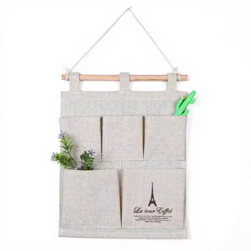 Hanging Wall Organizer with Eiffel Tower Print and Five Canvas Storage Pockets 12.5x9.5 in