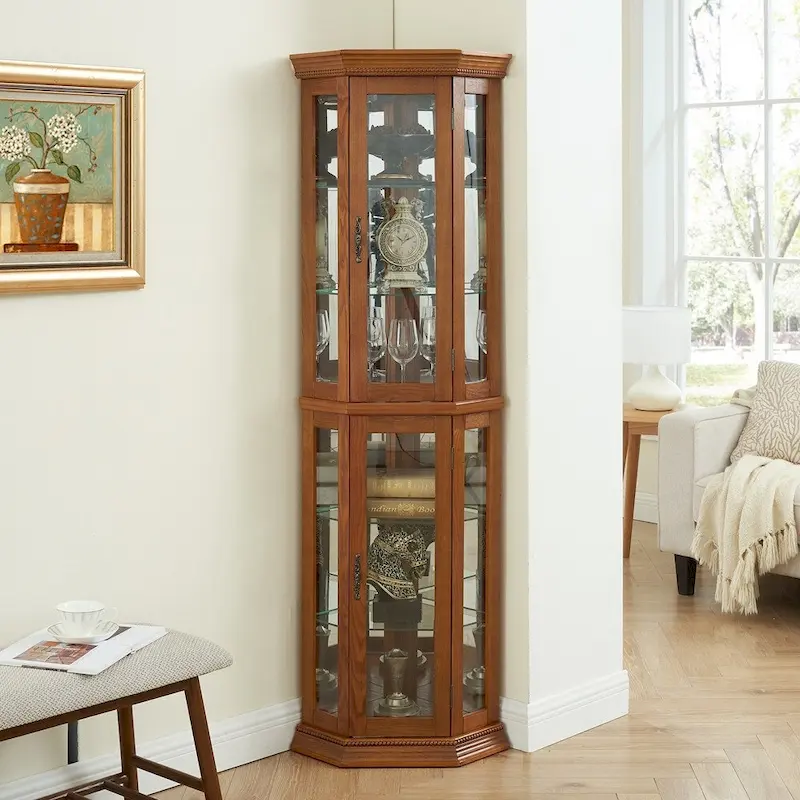 Cherry/Oak Corner Curio Cabinet – Lighted Glass Display, 2-Person Accessible
