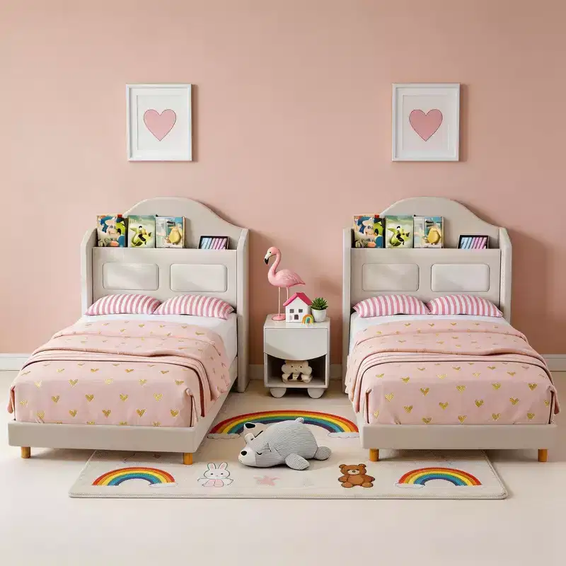 Set of 2 Twin Bed Frame for Kids, Upholstered Velvet Platform Bed for Boys/Girls with Wingback, Storage Bookcase Headboard & LED Lights
