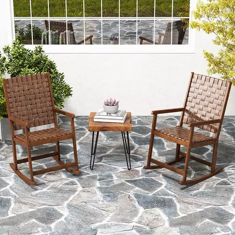 Costway 2PCS Rocking Chair w/PU Seat & Rubber Wood Frame Safe & Smooth Rocking Motion