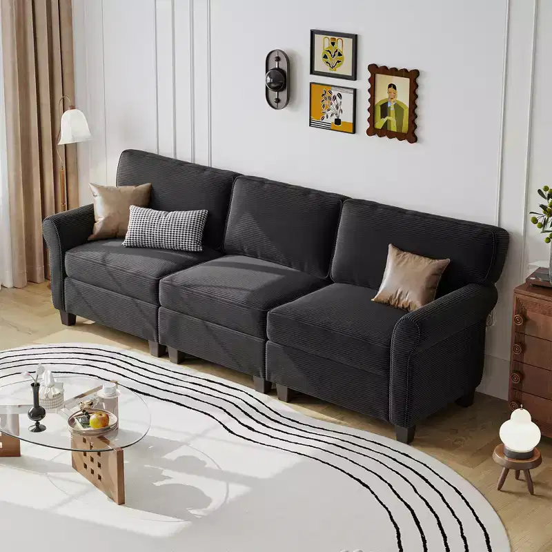 Corduroy 3-Seater Sofa with Removable Cushions and Ergonomic Armrests