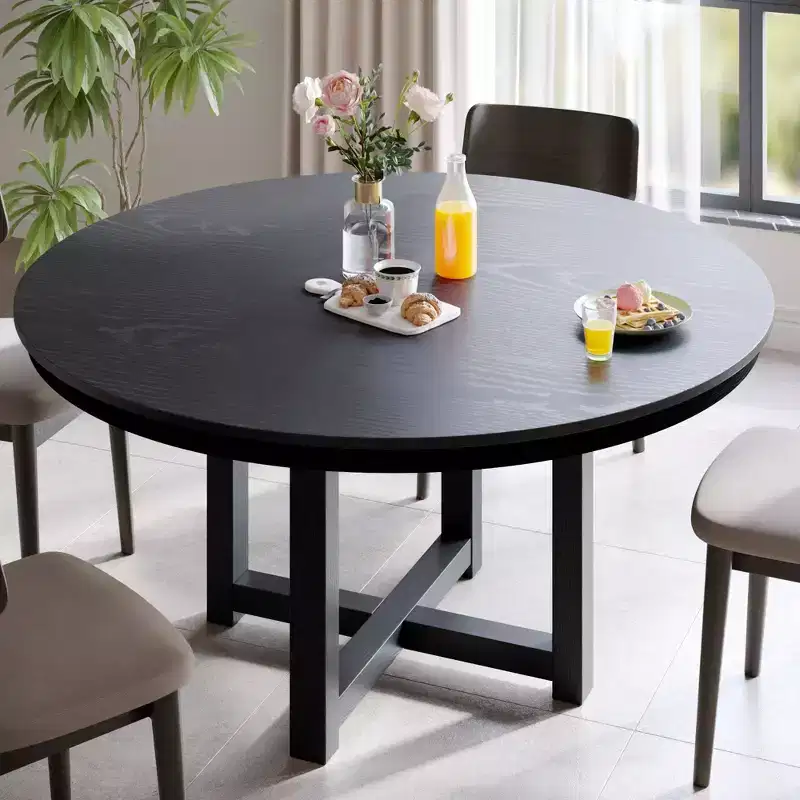 PexFix 52 x 52 Solid Wood Farmhouse Dining Table Round Wood Texture Top with Cross X Base for Modern Dining Rooms & Family Gatherings Black