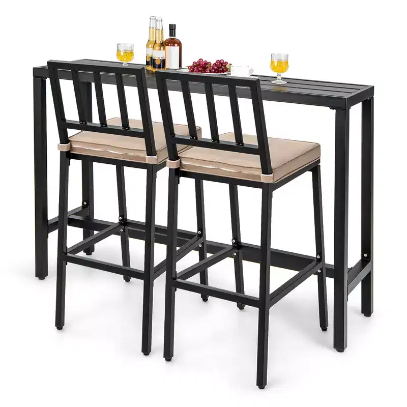 Costway 3PCS Patio Dining Table Set Metal Bar Table & Chairs Set with Cushion